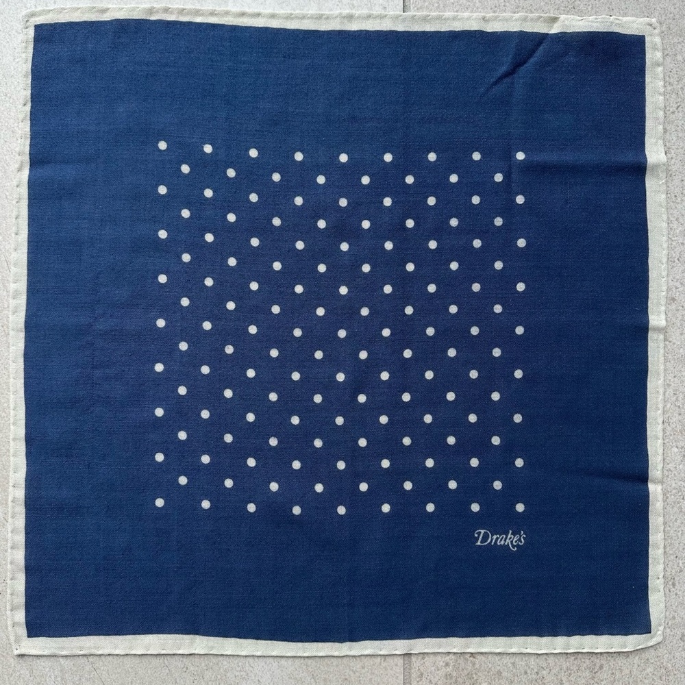 Drakes Blue and White Polka Dot Pocket Square